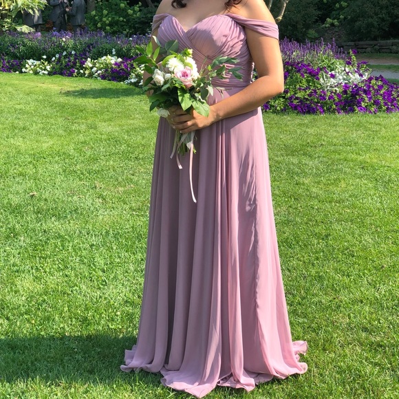 Dusty Rose Bridesmaid Dress Sweetheart neckline with off shoulder sleeves. - Picture 5 of 5